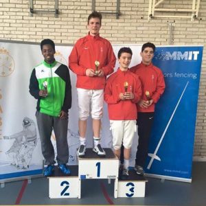 Podium NJK floret cadetten 23-4-2016 in Breda met Quincy Dualeh (2), Edo Zoons en Axel Zoons (3)